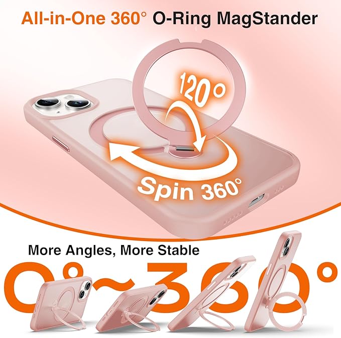 360° O-Ring MagStander for iPhone 15 Case with Magnetic Kickstand Ring Holder [Compatible with MagSafe][360°Rotate Stand Ring][Military Shockproof] Magnet iPhone 15 Phone Cover Matte Pink
