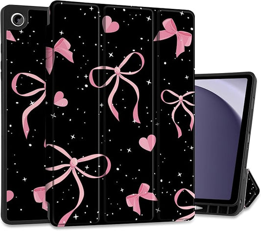 MEEgoodo Case for Samsung Galaxy Tab A9 Plus 11 inch Cover 2024 2023 with S Pen Holder, A9+ Smart Tablet Cases with Leather Trifold Stand+Soft TPU Back Shell+Smart Auto Wake/Sleep, Pink Ribbons Bows