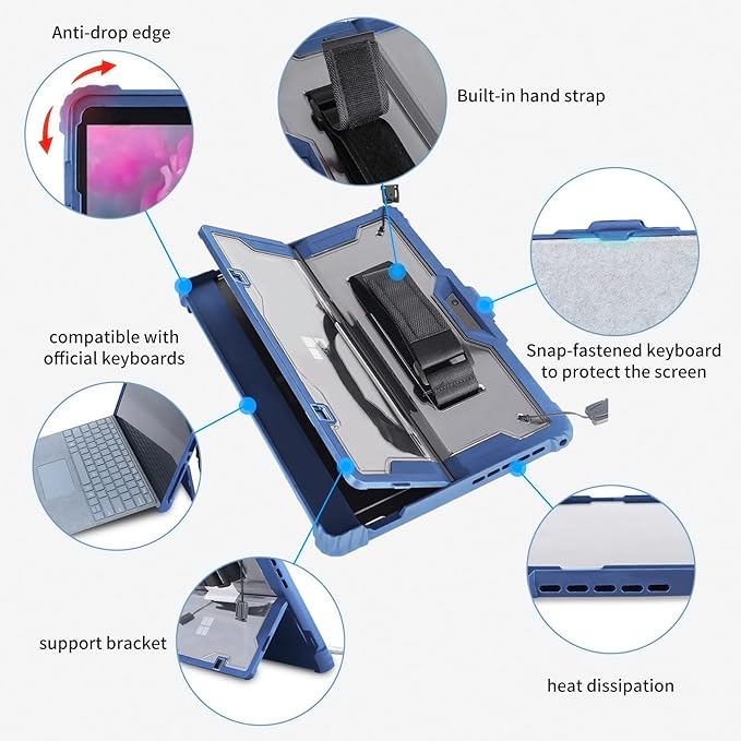 AOAOfor Microsoft Surface Pro 7/6/5/4 Case with Shoulder Strap, Hand Strap, Stylus Pen Holder, Rugged, Shock-Absorbing and Drop-Resistant-Blue