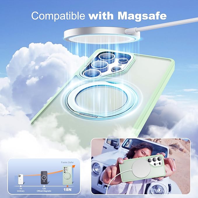for Samsung Galaxy S25 Ultra Case with 360°Rotatable Magnetic Ring Stand Compatible with Mag-Safe Military Protection Shockproof Matte Translucent Phone Cases for S25 Ultra 6.9",Green
