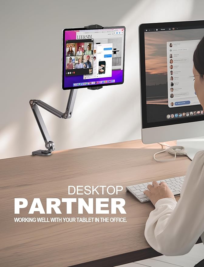 Aluminum Alloy Tablet Stand for Desk, 360° Adjustable iPad Arm Mount Foldable Phone Holder Compatible with iPad Pro Air 13/12.9/11 Mini, Portable Monitor 15.6, Samsung Galaxy, Kindle- Grey