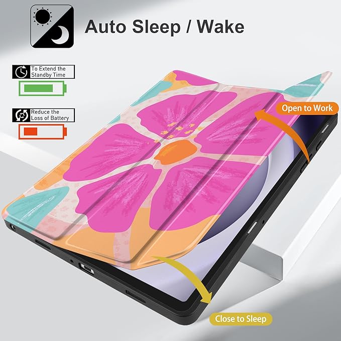 MEEgoodo Case for Samsung Galaxy Tab A9 Plus 11 inch Cover 2024 2023 with S Pen Holder, A9+ Smart Tablet Cases with Leather Trifold Stand+Soft TPU Back Shell+Smart Auto Wake/Sleep, Hand-Drawn Blossom