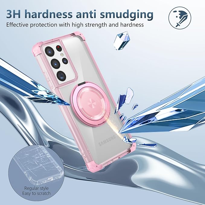 for Samsung Galaxy S21 Ultra Case Magnetic Compatible with MagSafe Wireless Charging,for S21 Ultra Case Built-in Kickstand Ring,with Screen Protector Military Grade Protection Shockproof Pink
