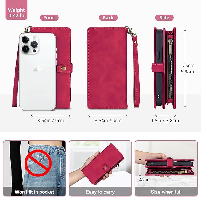 TwoHead Wallet Case Compatible with iPhone 15 Pro Max,Detachable Magnetic Phone Case,All-Round Shockproof Protective Leather Phone Case with Card Holder,6.7 in,Wine Red