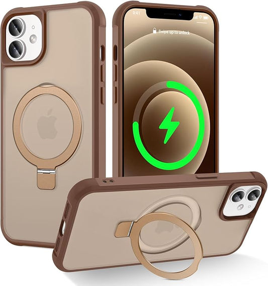 Magnetic Compatible with iPhone 12/12 Pro Case with Stand [Military Grade Drop Tested][Compatible with Magnet] Ring Translucent Slim Hard Back Soft Edge, Desert Gold
