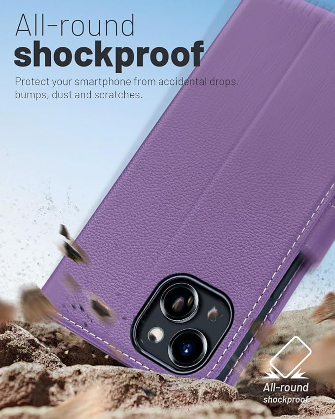 OCASE Compatible with iPhone 15 Wallet Case, PU Leather Flip Folio Case with Card Holders RFID Blocking Kickstand [Shockproof TPU Inner Shell] Phone Cover 6.1 Inch 2023, Litchi Purple