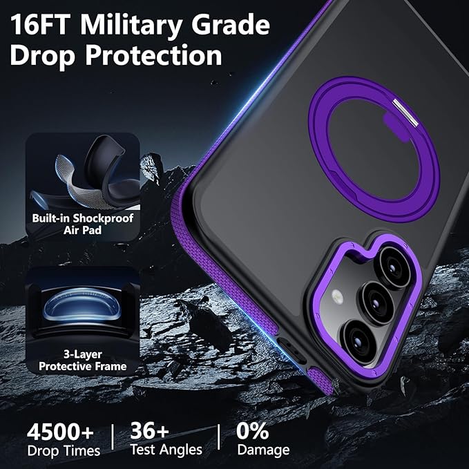 360°Spin Magnetic Stand for Samsung Galaxy S25 Case, [Compatible with Magsafe] Military Grade Drop Protection, Matte Hard Slim S25 Phone Case with Kickstand & Ring Holder (Purple)