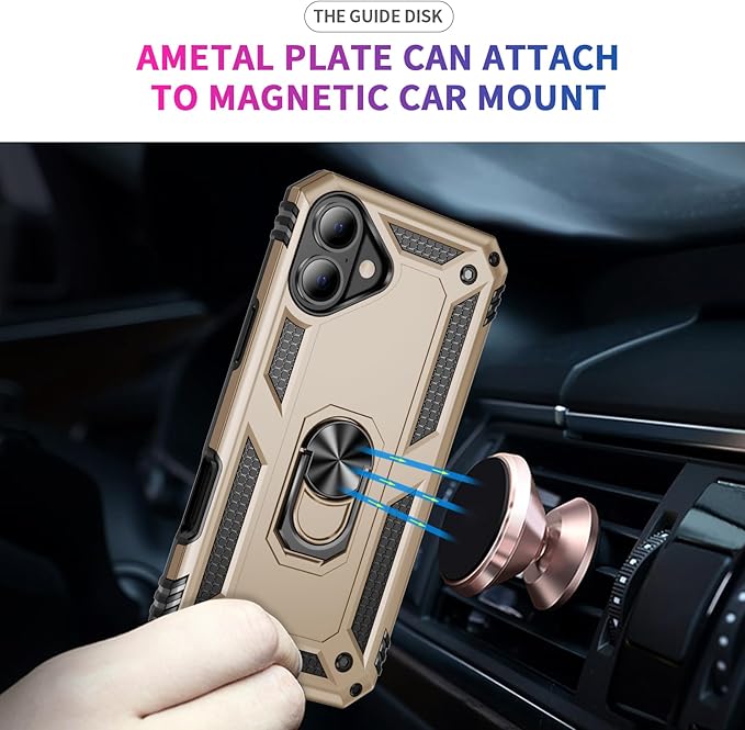 ADDIT Compatible with iPhone 17 Case with Tempered Glass Screen Protector, Adjustable Kickstand Ring, Military-Grade Heavy Duty Protection, Shockproof, Anti-Fingerprint,Gold