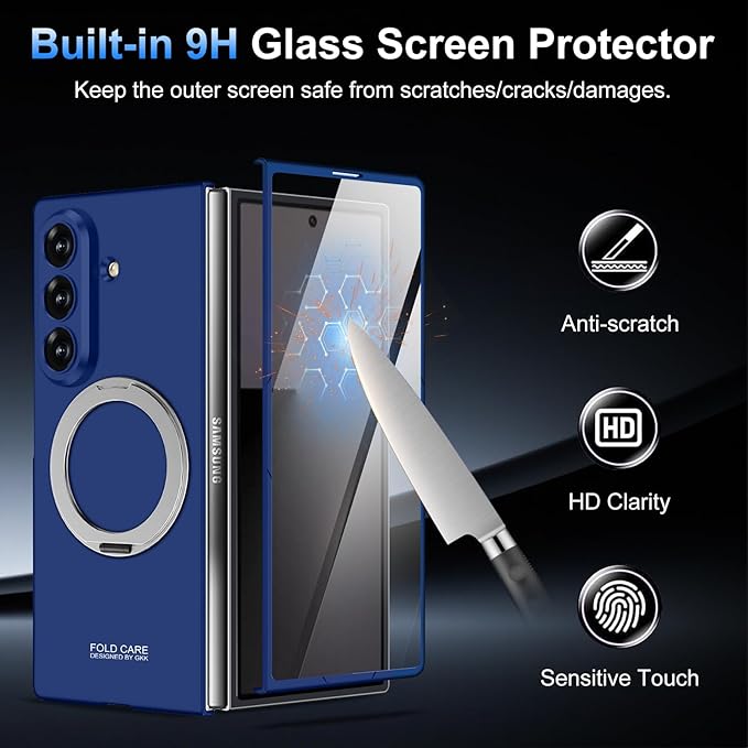 360 Spin Magnetic Stand for Samsung Galaxy Z Fold 7 Case, with Screen Protector [Compatible with MagSafe] Slim PC Hard Ring Holder Kickstand Protection Cover for Samsung Z Fold 7 Phone Case (Blue)