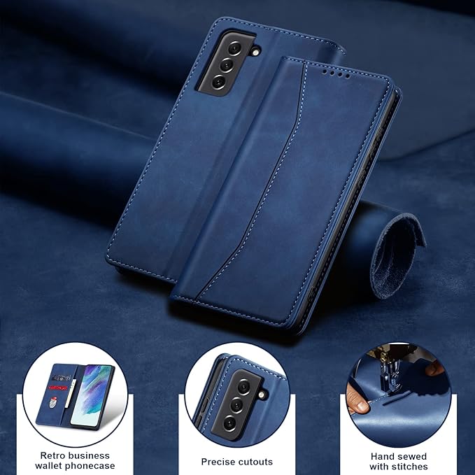 Jasonyu Flip Wallet Case for Samsung Galaxy S21 FE,Leather Magnetic Folio Cover with Card Holder,Kickstand - TPU Shockproof Durable Protective Phone Case,Blue