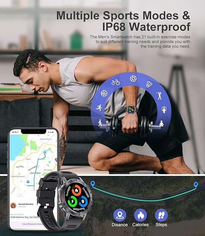 Smart Watch for Men Bluetooth Calls with,1.39''HD Touch Screen Tactical Smartwatch for Android and iPhone,5ATM Waterproof Fitness Watch with Blood Pressure/Heart Rate Monitor BlackSilicone