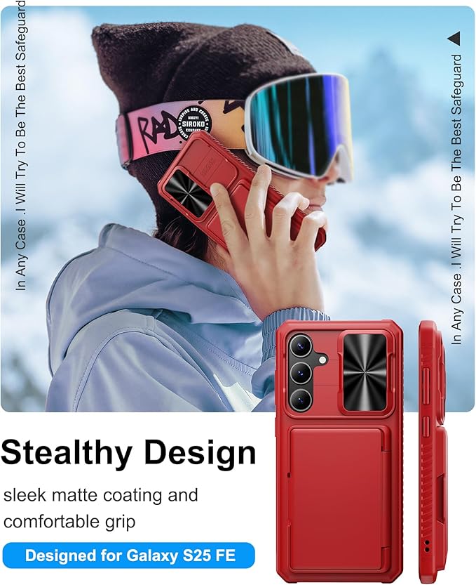 Wallet Case for Samsung Galaxy S25 FE, Card Holder (4-5 Cards), Slide Camera Cover, Military Grade Protection, Heavy Duty Women Girly Men Protective Phone Cover for Galaxy S25 FE 6.7" 2025, Red