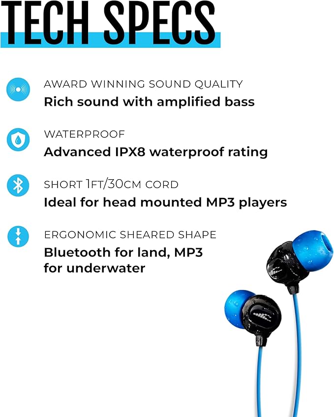 H2O Audio Surge S+ Waterproof Sport Headphones, (Short Cord Design) – In-Ear Sweatproof, Noise Cancelling Earbuds for Swimming, Running, Cycling – IPX8 Waterproof, Compatible with iPods & MP3 Players