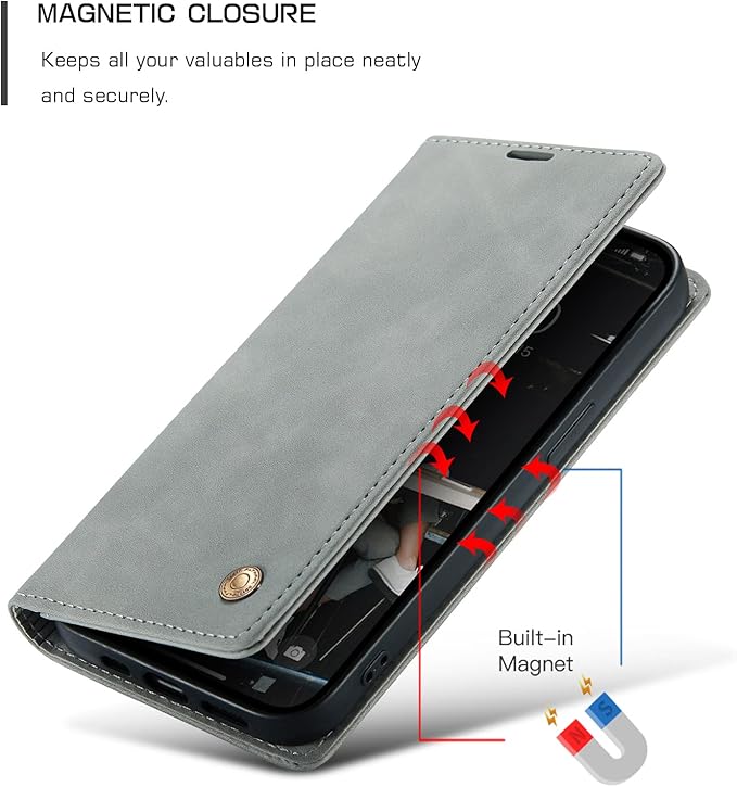 QLTYPRI Case for iPhone 14, Vintage PU Leather Wallet Case Card Slot Kickstand Magnetic Closure Shockproof Flip Folio Book Case Cover for iPhone 14(6.1 inch) - Grey