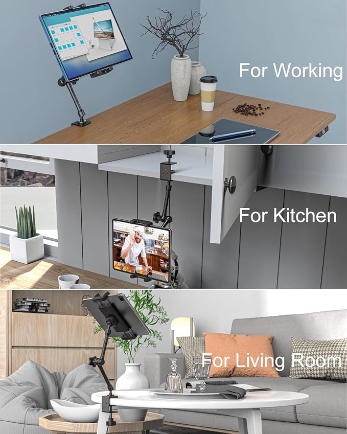 Metal Tablet Stand Holder for iPad, [Foldable Arm] Tablet Mount for Desk, Kitchen, Under Cabinet, Living, Cafe, Office, Compatible iPad mini, Air, Pro, Galaxy Tab/Z Fold, 4.7-16'' Device