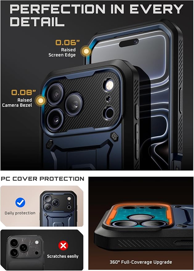 SUPCASE for iPhone 17 Pro Max Case with Camera Control Button (Unicorn Beetle Pro), [Built-in Kickstand & Screen Protector] [Military-Grade Protection] Full Body Heavy Duty Phone Case, Azure