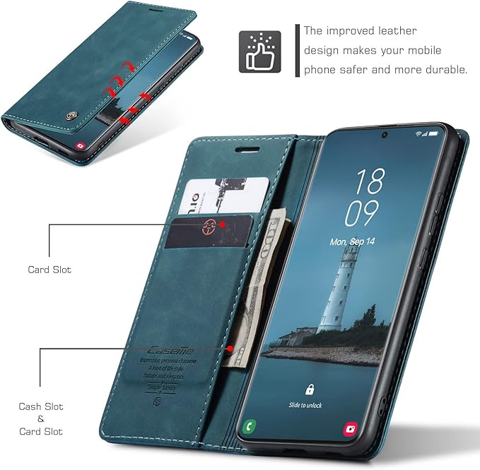 for Samsung Galaxy S21 Ultra Case, Flip Wallet Leather Case with Card Holder Magnetic Closure Shockproof Kickstand Protective Phone Cases Cover for Samsung S21 Ultra,Blue-Green