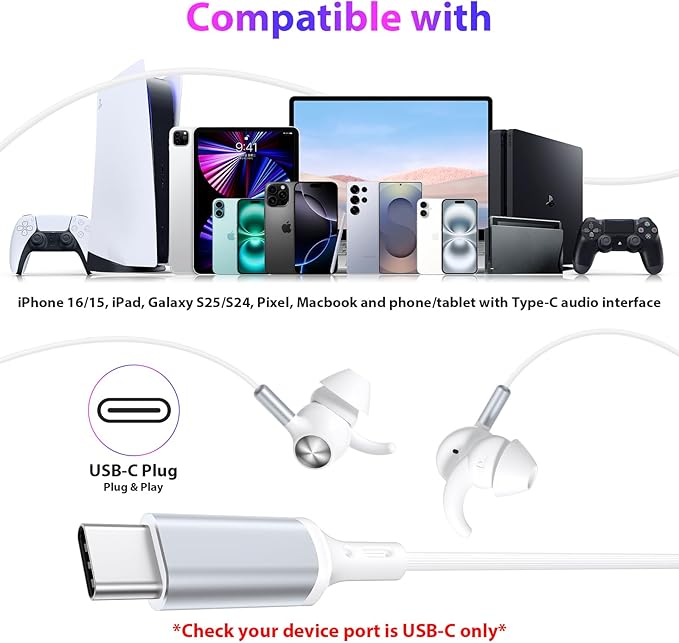 APETOO Wired Ear Buds Sport USB-C Headphone w/Anti-Fall/Hurt Wingtips for iPhone 17/16/15/Android, Hands-Free Call, Pure Stereo Deep Bass, Noise Isolating in-Ear Earbuds for Outdoor/Indoor/Small Ear