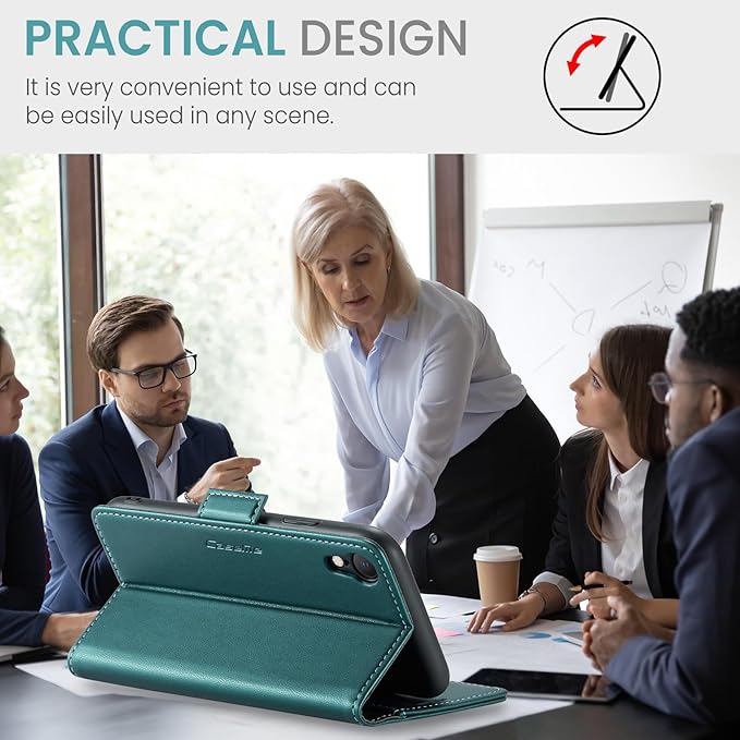 for iPhone XR Case, Premium PU Leather Wallet Case Flip Cover with [RFID Blocking][Card Holder][Stand Function] Shockproof Protective for Apple iPhone XR, Blue-Green