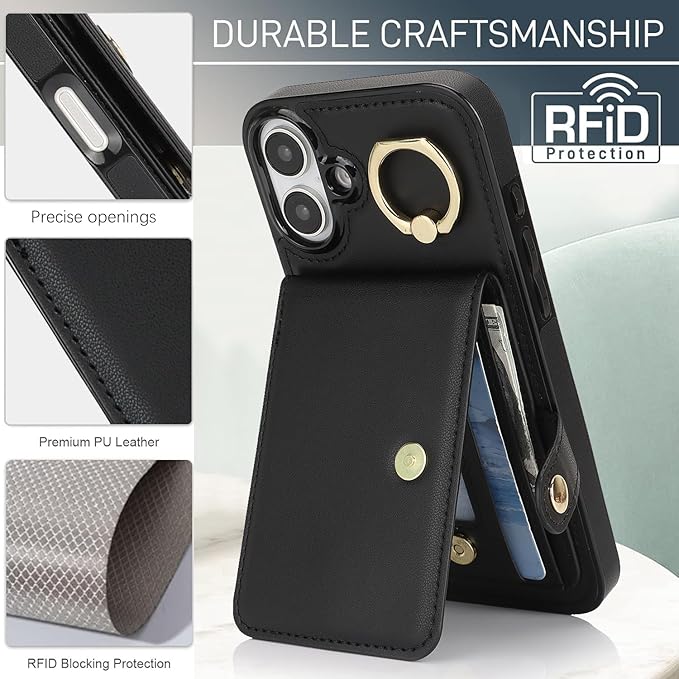 Compatible iPhone 16 Wallet Case with Card Holder RFID Blocking PU Leather Doubles as a Wallet Unisex Flip Shockproof Protection with Card Slots Ring Wrist Kickstand Function,Black
