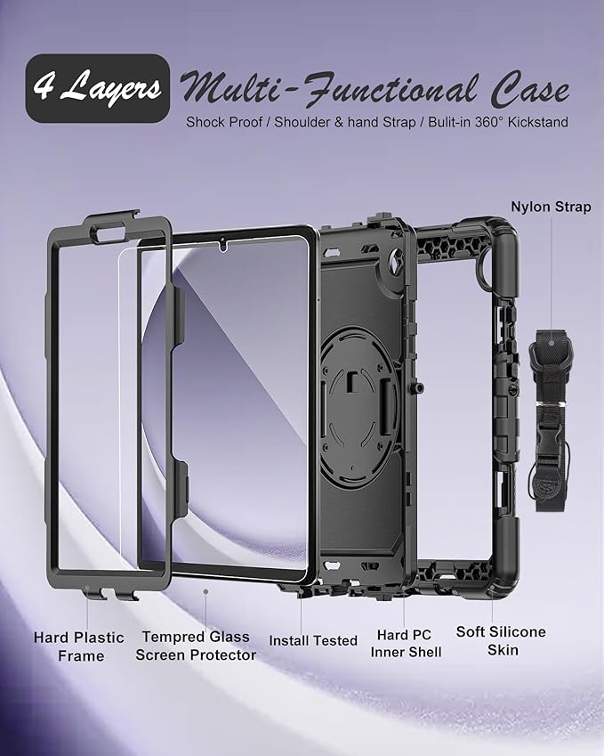 Case for Samsung Galaxy Tab A9 Tablet Case 8.7 inch 2023 [with Tempered Glass Screen Protector], Rotatable Kickstand, S Pen Holder, Hand/Shoulder Strap (Black)