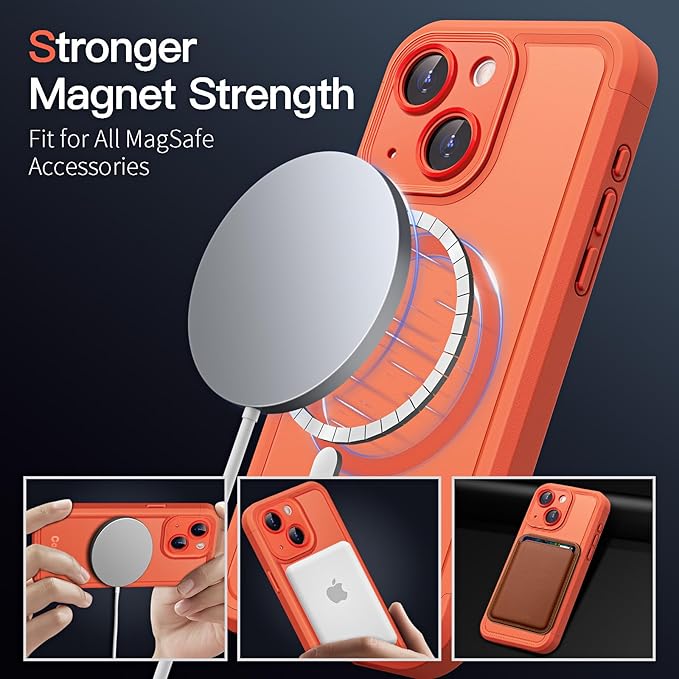 COOLQO Magnetic for iPhone 15 Case, Compatible with MagSafe, Dual Layer Design Military Grade Protection, Translucent Matte Scratch-Resistant Back Protective Shockproof Phone Case, Orange