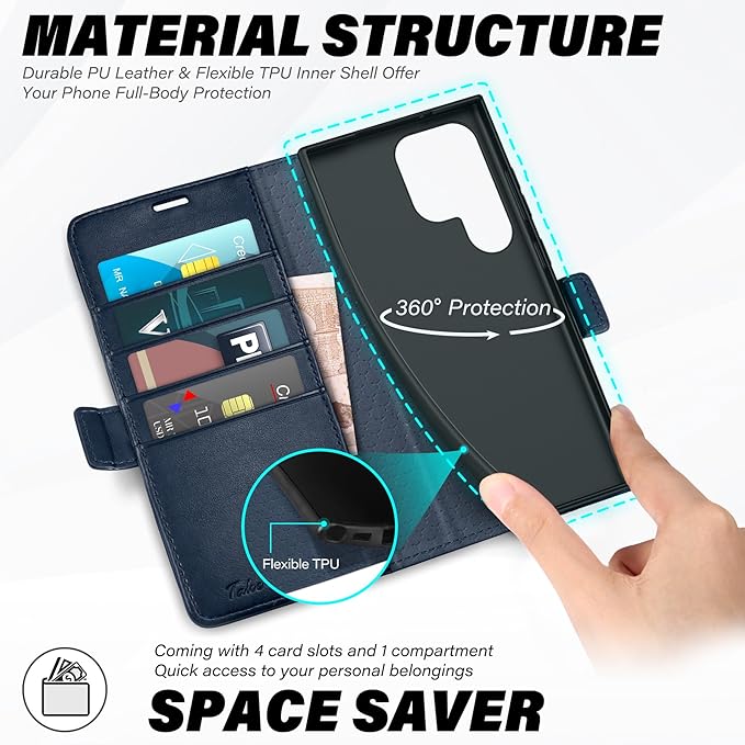 TUCCH Case for Galaxy S25 Ultra, Wallet Case with [TPU Shockproof Interior Case] Stand RFID Blocking Card Holder, Magnetic PU Leather Protective Flip Cover Compatible with Galaxy S25 Ultra, Dark Blue
