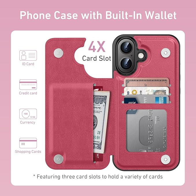 FUNMIKO for iPhone 16 Plus Wallet Case with Card Holder, RFID-Blocking, Military-Grade Protection & UV-Printed Artwork, Magnetic Closure with Leather Kickstand - Hot Pink