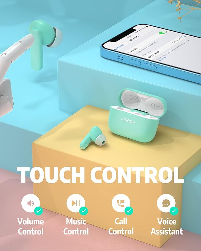 AIHOOR Wireless Earbuds for Music and Sports, Bluetooth 5.3 in-Ear Headphones with Extra Bass Built-in Mic Touch Control 30hr Battery Earphones, Waterproof (Tiffany)