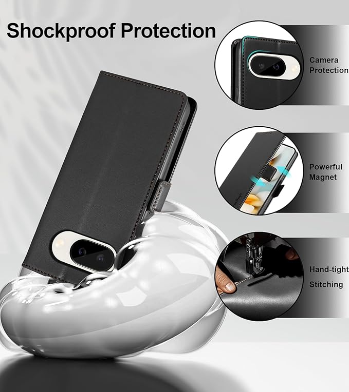 Wallet Flip Case for Google Pixel 9A - [RFID Blocking] Luxury PU Leather Card Holder Magnetic Phone Cover with Kickstand,Shockproof Protective Case,Black