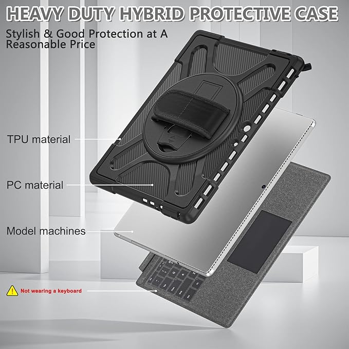 Junfire Protective Case for Microsoft Surface Pro 11/Pro 10/Pro 9, Shockproof Rugged Case 13 inch with 360°Rotatable Kickstand/Hand Strap/Stylus Holder, Compatible with Type Cover Keyboard-Black