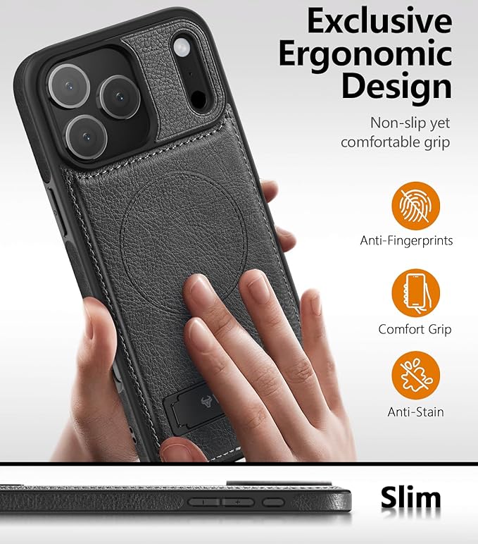 Magnetic for iPhone 17 Pro Max Leather Case,Built-in Invisible Stand [Compatible with Magsafe] Protective Slim Kickstand Phone Cover for iPhone 17 Pro Max, Black