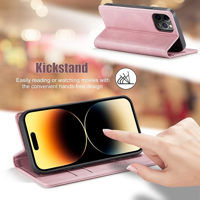 japezop iPhone 14 Pro Wallet Case with [RFID Blocking] Credit Card Slots Folio Magnetic Stand,Leather Flip Case Wallet for iPhone 14 Pro 5G 6.1 Inch (Pink)
