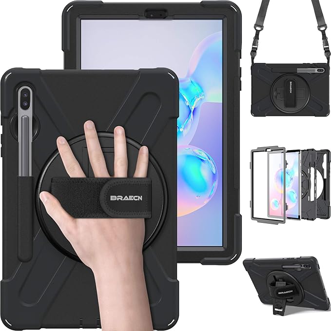 BRAECN for Galaxy Tab S6 Case,[Support S Pen Wireless Charging] Heavy Duty Shockproof Case with Pen Holder,Hand Strap,Shoulder Strap,Kickstand for Galaxy Tab S6 10.5 2019 SM-T860/T865/T867-Black