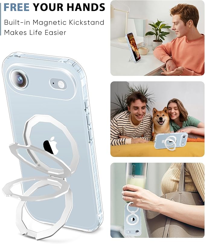 Compatible with iPhone Air Case, Built-in Screen Protector & Seamless Stand, with Camera Lens Protector, Strong Magnetic Clear Phone Case, Full Body Protective Cover for 6.5" (Clear)