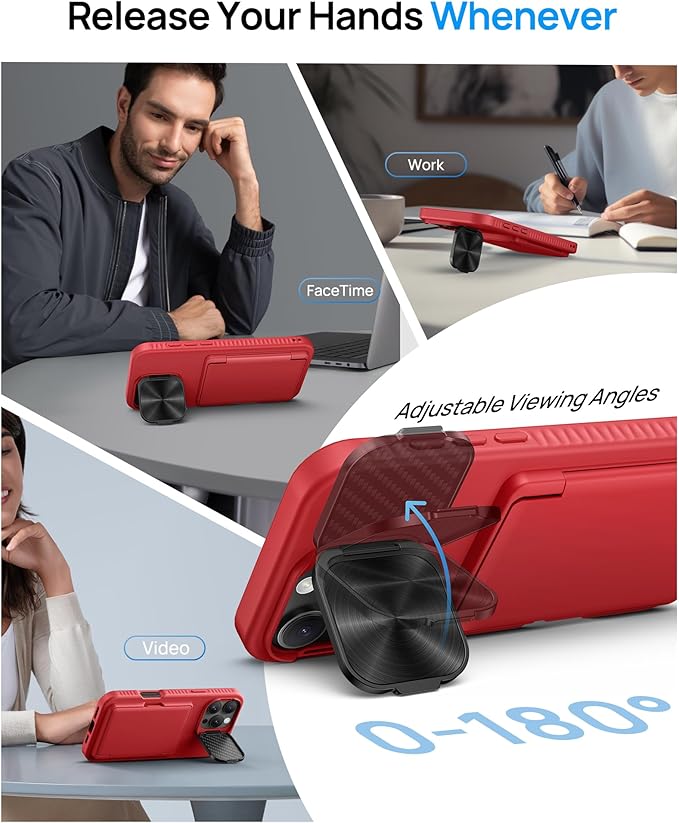 Kickstand Designed for iPhone 16 Pro Max Case with Card Holder & Camera Cover Stand, Military Grade Protection Adjustable Stand Wallet Phone Case for iPhone 16 Pro Max 6.9", Red