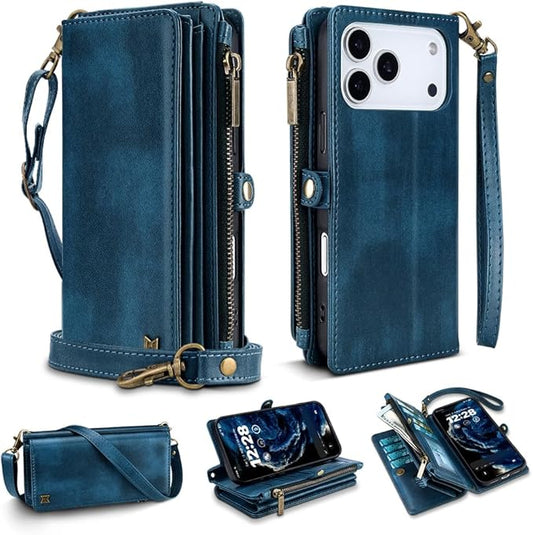 for iPhone 17 Pro Max Wallet Phone Case with 8 Card Holder,RFID Blocking | PU Leather | Kickstand | Flip | Wrist Strap&Shoulder Strap | Shockproof | Zipper Wallet | Women Men | 6.9" | Blue