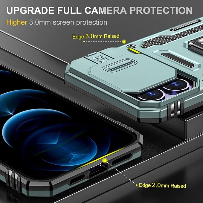 Phone Case for iPhone 14 Pro Max Case with Slide Camera Cover, with Finger Ring Holder Stand, fit Magnetic Car Mount, for iPhone 14 Pro Max (Alpine Green)