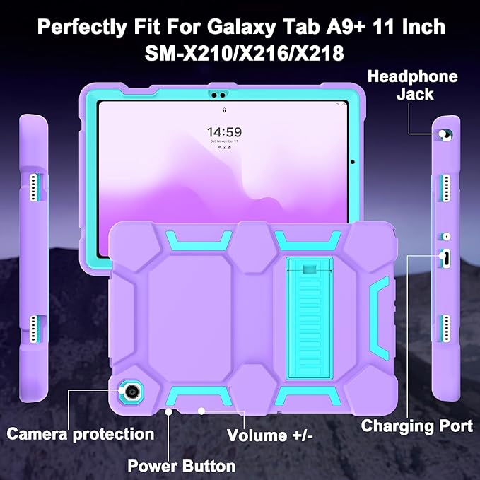 CCMAO Case for Samsung Galaxy Tab A9+ Case 11 Inch 2023 Model (SM-X210/X216/X218), Heavy Duty Shockproof Hybrid Three Layer Protective Cover for Kids Girls Boys, Purple+Green
