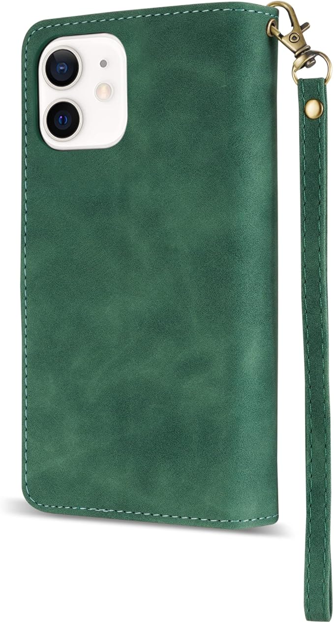 ZZXX for iPhone 12/12 Pro Wallet Case with Card Slot Premium Soft PU Leather Zipper Flip Folio Wallet with Wrist Strap Kickstand Protective for iPhone 12(Green 6.1 inch)