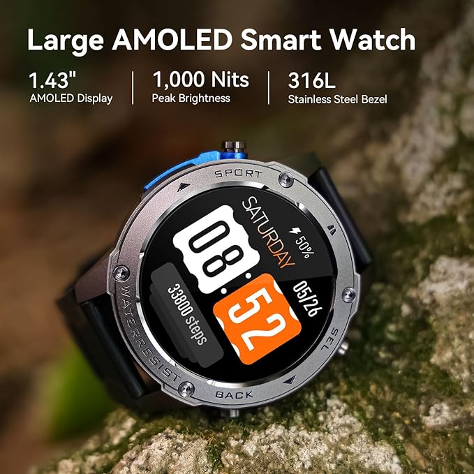 Military Smart Watch for Men GPS 6 Satellite Positioning Compass 164 Feet Water-Resistant for Swimming 500mAh Battery Make Answer Call Rugged Metal Body Smartwatch 1.43" AMOLED Always On Display Watch