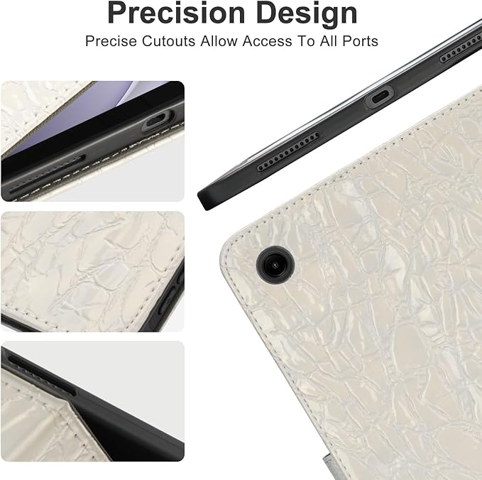 Elegant Case for Samsung Galaxy Tab A9 Plus 11 Inch 2023（Model: SM-X210/X216/X218）, Premium Leather Crocodile Cover | Stand | Card Pockets| Wrist Strap| S Pen Holde (Creamy White)