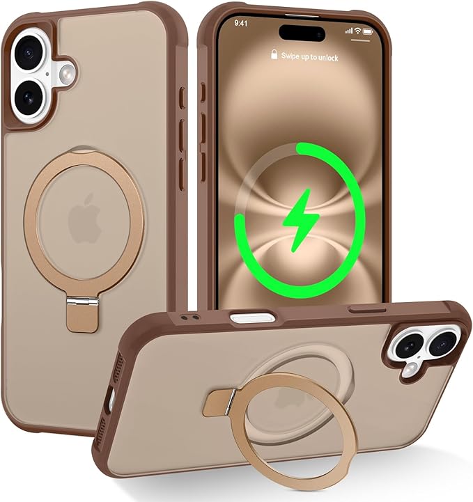 Magnetic Compatible with iPhone 16 Case with Stand [Military Grade Drop Tested][Compatible with Magnet] Ring Translucent Slim Hard Back Soft Edge, Desert Gold