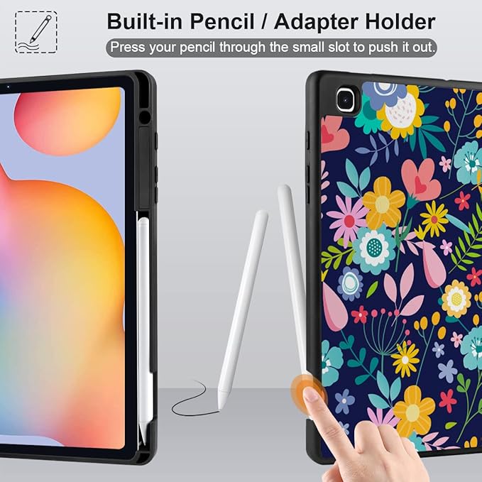 DONGKE Case for Samsung Galaxy Tab S6 Lite 10.4 Inch 2024/2022/2020, Trifold Stand + S Pen Holder + Auto Wake/Sleep + Soft TPU Protective Stand Back Cover, Florals