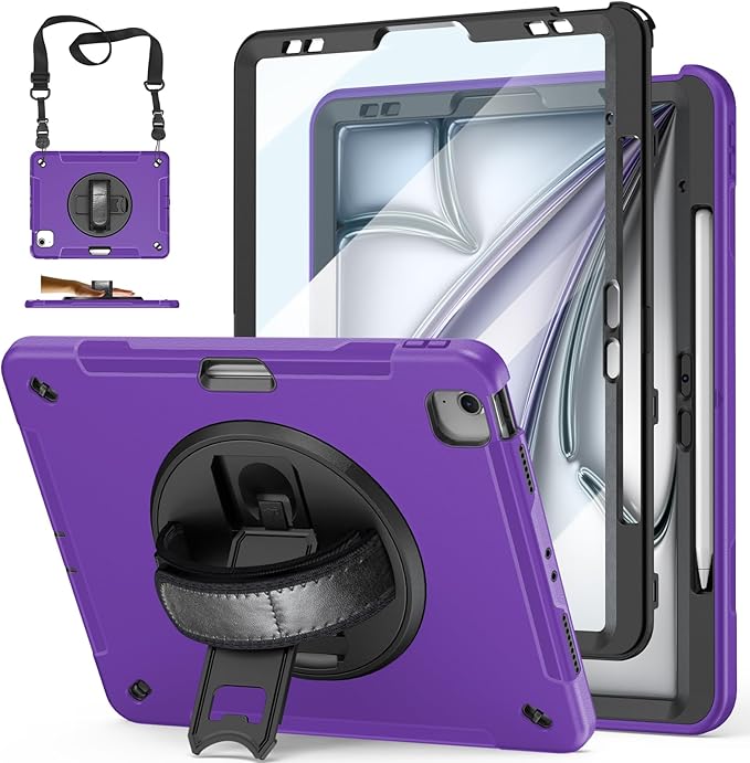 Case for iPad Air 13 Inch M3 2025 & M2 2024: Military Grade Cover for iPad Pro 12.9 6th/5th/4th/3rd Generation W/Screen Protector- Stand- Pencil Holder- Handle- Shoulder Strap- Purple