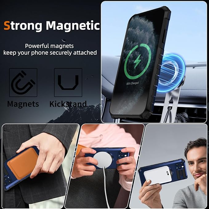 for iPhone 11 Pro Max Case Magnetic Compatible with MagSafe,with 2 Screen Protector,Built-in Camera Cover+Kickstand Ring,Military Grade Drop Shockproof Heavy Duty Protection Phone Bumper Blue