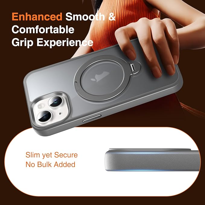 360° O-Ring MagStander for iPhone 13 Case, iPhone 14 Case with Magnetic Stand Ring Holder [Compatible with MagSafe][15FT Military Shockproof] Kickstand iPhone 13/14 Phone Cover Matte Grey