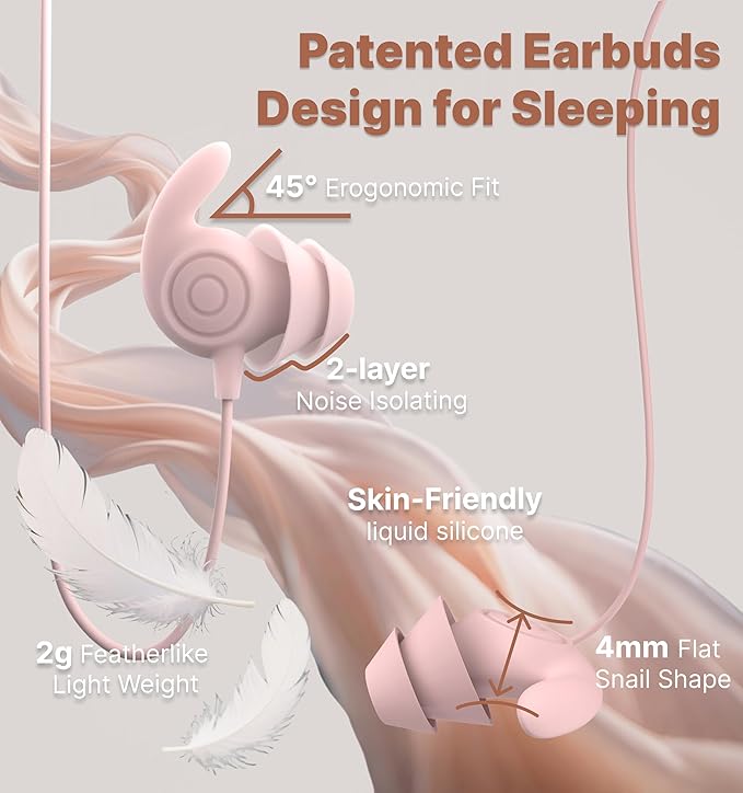 Hmusic Sleep Earbuds,USB C Wired Sleep Headphones for Side Sleepers,30dB Noise Isolate Sleep Earplugs w/Mic,2g Lightweight Soft Silicone,Flat Thin Bed Earphones for Relax,Focus,Travel,Yoga(Pink)