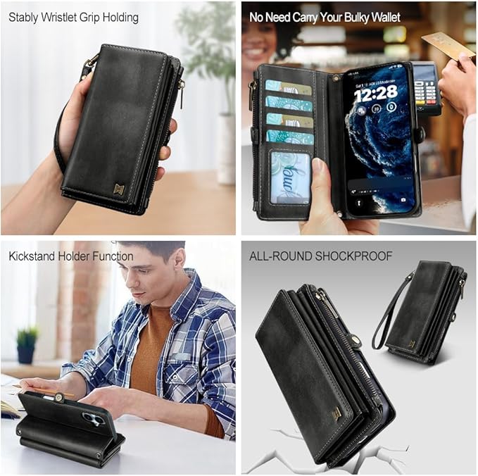 for iPhone 17 Wallet Phone Case with 7 Card Holder,RFID Blocking | PU Leather | Kickstand | Flip | Wrist Strap&Shoulder Strap | Shockproof | Zipper Wallet | Women Men | 6.3" | Black