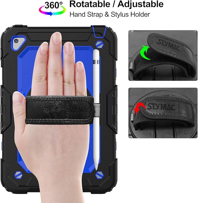 SEYMAC stock Case for iPad mini 5/4 with Screen Protector Pencil Holder [360 Rotating Hand Strap] & Stand, Drop-Proof Case for iPad mini 5th/4th Generation 7.9 inch (Blue+Black)
